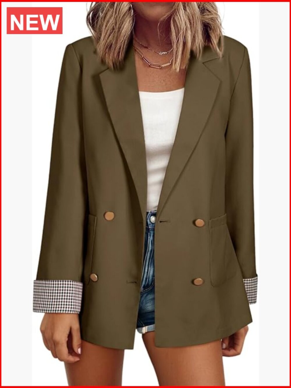 Polyester Plaid Cuff Double Breasted Blazer Business Casual